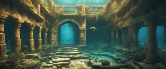 Wall Mural - Raster illustration of underwater sunken ancient city Ruins of an ancient civilization treasures of