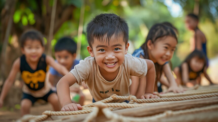 Wall Mural - a team-building game where adults and children work together to complete a physical obstacle course 
