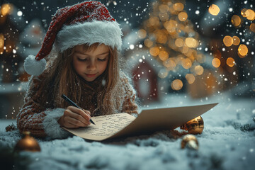 Wall Mural - A child writing a letter to Santa Claus, listing all their Christmas wishes. Concept of innocence.