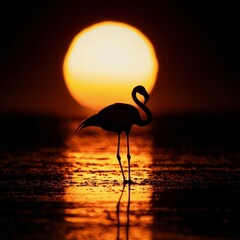 Wall Mural - A stunning silhouette of a flamingo stands gracefully against a vibrant sunset. The colorful reflection enhances the peaceful vibe of nature. Ideal for wildlife and sunset photography. AI