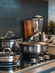 Poster - Stainless steel pots and pans are arranged on a modern stove, with a blender and utensils seen in a stylish kitchen setting. Generative AI