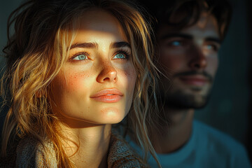 Poster - a woman looking at a couple laughing and holding hands, standing in the shadows with a sad smile. co