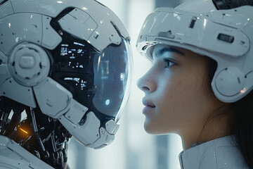 Poster - A person wearing a headset that connects to their brain, controlling a robotic device through thought. Concept of telepathy and technology.