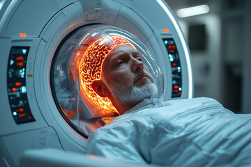 Poster - A person undergoing a medical scan, showing the serious diagnosis of internal diseases. Concept of healthcare technology.