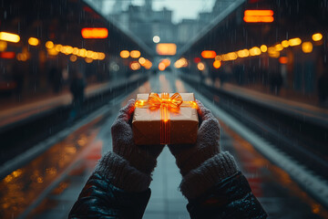 Poster - a person holding a small gift, standing alone at a train station, watching as everyone else is greet