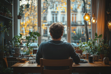 Sticker - A man sitting alone at a dining table set for two, looking at the empty seat in front of him. Concept of loneliness.