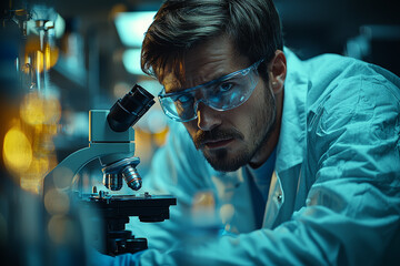 Poster - a laboratory technician looking through a microscope, searching for a cure to a disease. concept of 