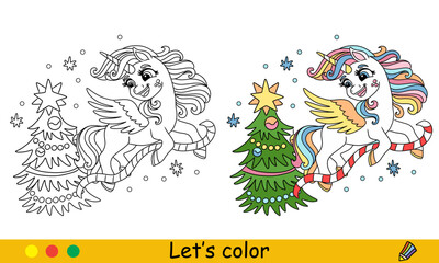 Kids coloring cute unicorn decorating Christmas tree vector