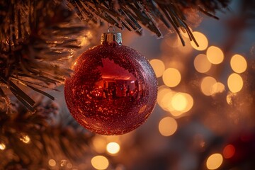 Close-up of a red Christmas ball hanging from a tree, reflecting the lights and festive decorations