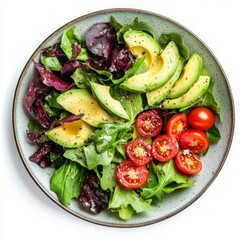 Poster - Fresh green salad featuring vibrant avocado slices, cherry tomatoes, and mixed greens. Perfect for healthy eating or refreshing meals. A colorful addition to any table. AI