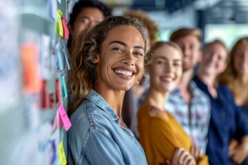 Wall Mural - Group of diverse business people standing in a row at office and smiling