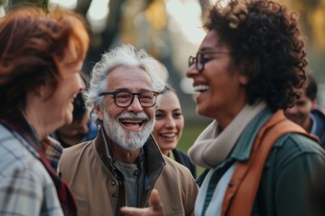 Canvas Print - Group of diverse friends having fun together in a park. Multiethnic group of people bonding outdoors.