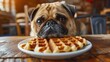 © 2rogan - Pug Dog Anticipating Waffle on Wooden Plate During Breakfast