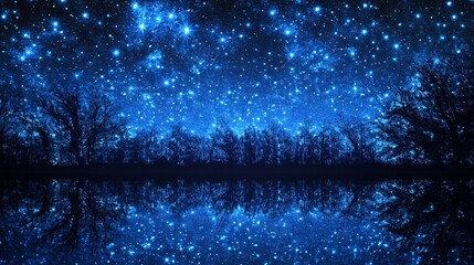 A starry night sky above a calm lake with a dark forest silhouette reflected in the water. Generative Ai