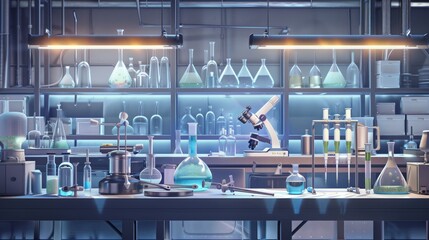 Poster - A detailed laboratory filled with various glassware and equipment, showcasing colors and reflections under bright overhead lights. Generative AI