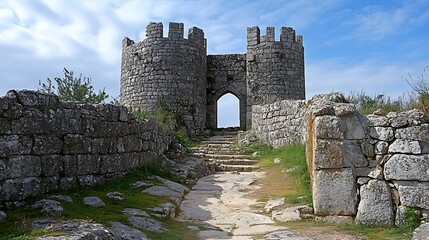 A stone pathway leads up to a medieval castle gate with two towers, revealing a glimpse of blue sky beyond.