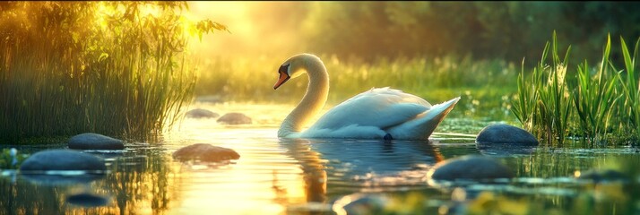 Poster - Graceful swan glides through a tranquil lake at sunset. The warm light creates a serene atmosphere. Perfect for nature lovers and wildlife photography. AI