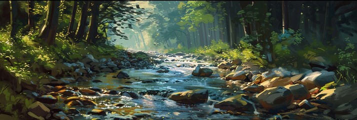 Aufkleber - A serene stream meanders through a lush forest, sunlight filtering through the trees, illuminating rocks and creating a peaceful atmosphere. Generative AI