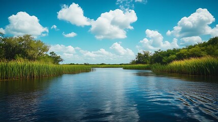 A calm river meanders through a lush green marsh under a bright blue sky with puffy white clouds.