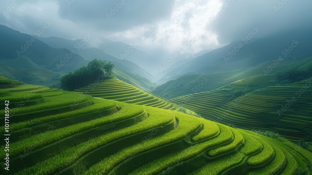Green terraced rice fields in rainy season at Mu Cang Chai, Stock ...