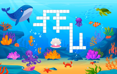 Underwater animals crossword. Quiz puzzle game with sea animals for school or preschool kindergarten kids, search english cross word find whale octopus turtle vector illustration