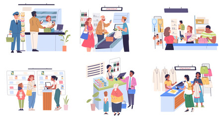Poster - Consumers at checkout. Customer buy paying purchase at cashier counter desk in retail store or cafe service, supermarket seller work shop consumer client classy vector illustration