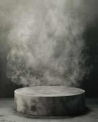 Poster - gray textured concrete podium with smoke in low light