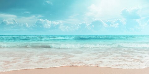 Wall Mural - tropical beach scene with turquoise waters and gentle waves under a bright sky.