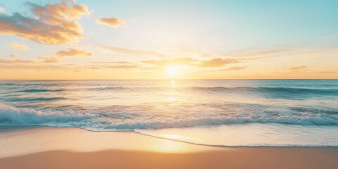 Wall Mural - tranquil beach scene at sunset with gentle waves and a colorful sky reflecting warm hues.