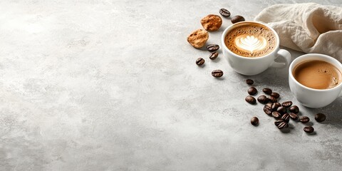 two cups of coffee with beans and cookies on a textured surface, creating a cozy coffee shop vibe.