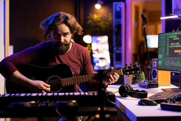 Poster - Guitarist instructor teaching guitar lessons on internet using smartphone, recording vlog as a tutorial for social media channel. Artist composer explaining acoustic instrument accords, assistance.