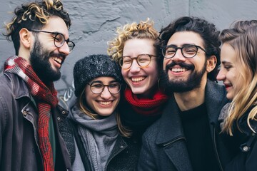 Sticker - Group of friends having fun on the street. Friendship and happiness concept.