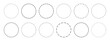 © vikusha_art - Set of circle shapes with dashed lines. Dotted geometric round figures isolated on white background. Cut here pictograms for coupons or tags. Vector outline illustration.