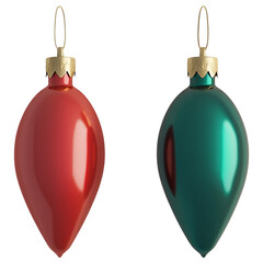 Wall Mural - Pair of red and green teardrop-shaped Christmas ornaments isolated on transparent background.
