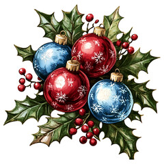 Wall Mural - Illustrated red and blue Christmas baubles with holly leaves on transparent background.
