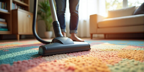 Close-up of a vacuum cleaner that cleans the floor and ensures hygiene in living spaces, dust reduction and well-being through cleanliness