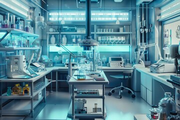 Poster - The laboratory features high-tech instruments, colorful glassware, and organized workstations, showcasing a sophisticated research environment. Generative AI