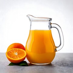 fresh squeezed orange juice glass pitcher with cut orange slices on white table in front of white background