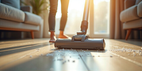 Close-up of a vacuum cleaner that cleans the floor and ensures hygiene in living spaces, dust reduction and well-being through cleanliness