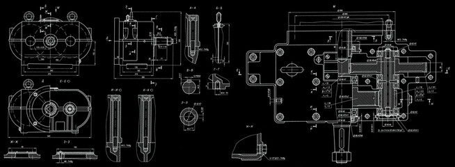 Canvas Print - Engineering mechanical pencil drawing set of steel devices
(reducer, gearbox, engine)
with dimension lines. Industrial 
cad scheme on paper sheet. Technology background
of machine building industry. 