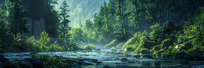 Poster - A tranquil river meanders through a dense forest filled with vibrant greenery, illuminated by soft morning light. Generative AI