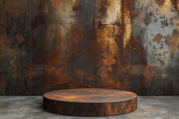 product presentation podium, empty rusty metal plate, round platform with rusty industrial wall background, empty stage, display mockup, copy space, photorealistic