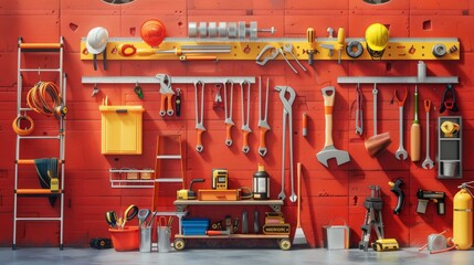Aufkleber - A dedicated repair team assembles tools and supplies in a vibrant red workspace, preparing for a day of maintenance work together. Generative AI