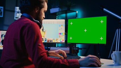 Poster - Photographer enhancing images quality using isolated screen display, correcting flaws and adjusting contrast. Photo editor using retouching software on chroma key PC to edit photographs