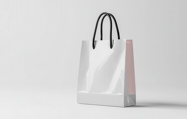 3D render of a minimalist white shopping bag with sleek black handles on a neutral background