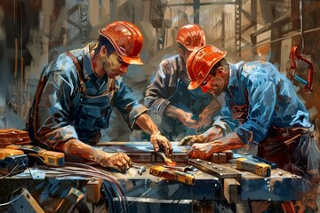 Aufkleber - A skilled repair team collaborates at a construction site, utilizing various tools to perform necessary repairs and maintenance tasks. Generative AI