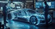 © Ulubek - Holographic visualization of an electric car design with a professional engineer using a laptop in a modern high-tech environment