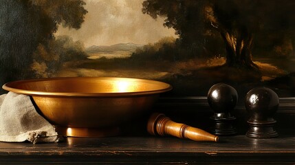 Sticker - Golden Bowl Still Life with Landscape Painting