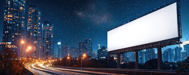 Large blank billboard overlooking a bustling cityscape at night with bright lights illuminating the urban skyline and busy highway