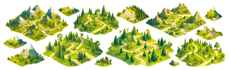 forest landscape isometric. reserve maps cartoon, relief map paths mountains rocks trees fir trees nature vector illustration